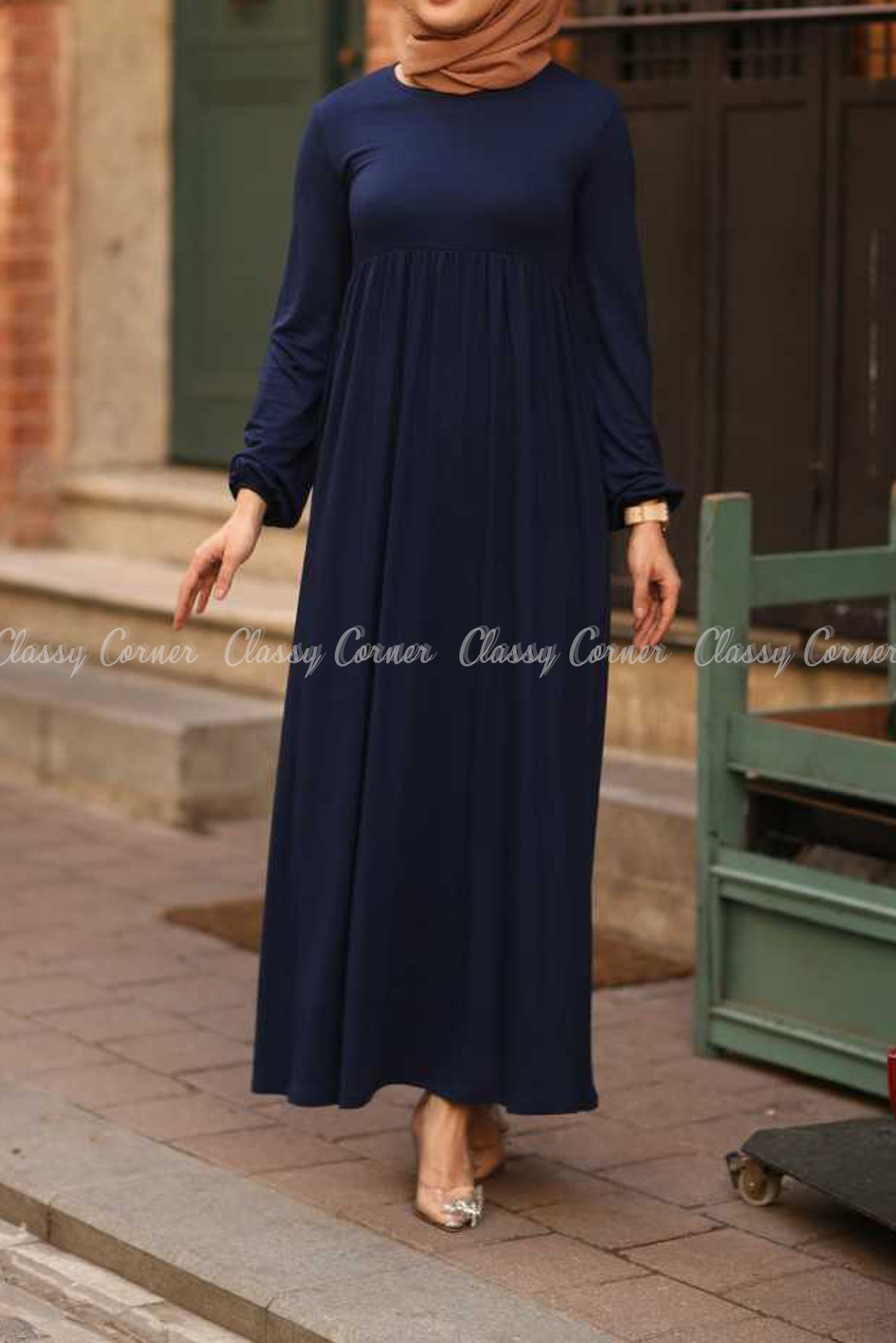 Midnight Blue Modest Maternity Long Dress - full front view