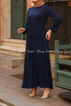 Midnight Blue Modest Maternity Long Dress - right side details