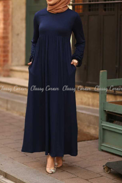 Midnight Blue Modest Maternity Long Dress - side pockets details