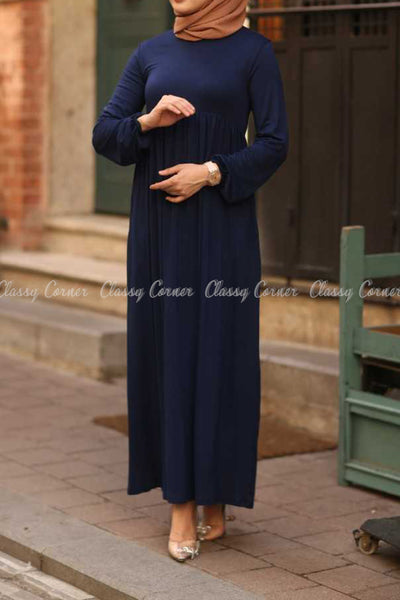 Midnight Blue Modest Maternity Long Dress - sleeves details