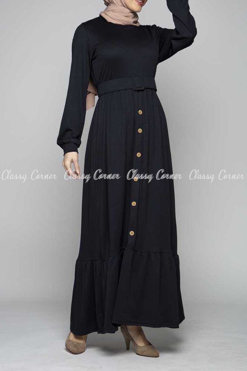 Minimalist Ruffled Bottom Skirt Black Modest Long Dress - front view