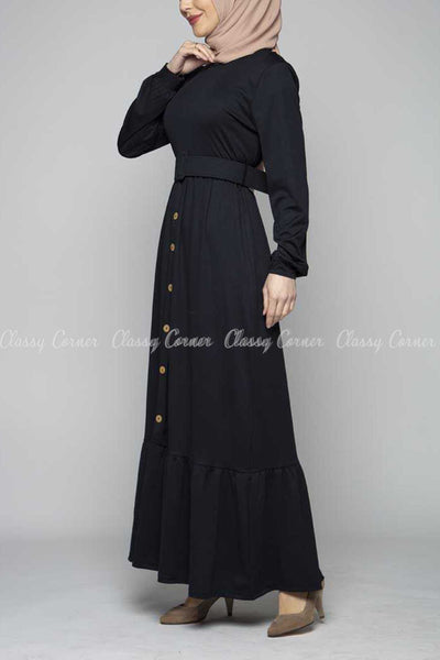 Minimalist Ruffled Bottom Skirt Black Modest Long Dress - side view