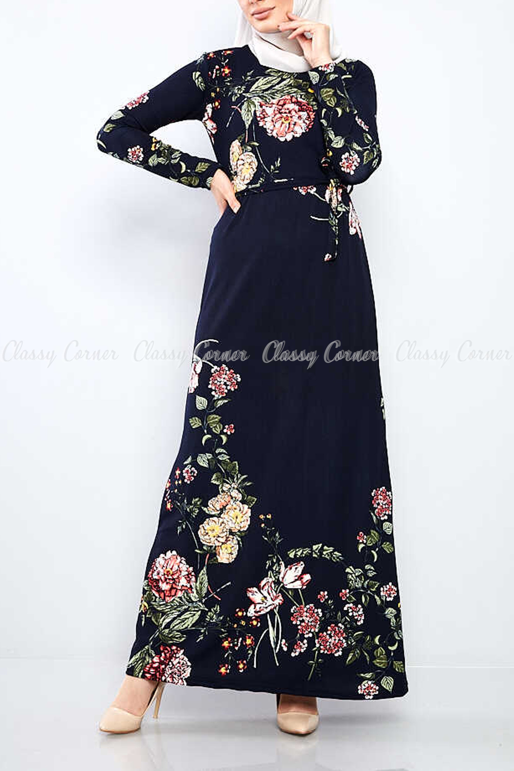 Multicolour Big Floral  Black Long Dress