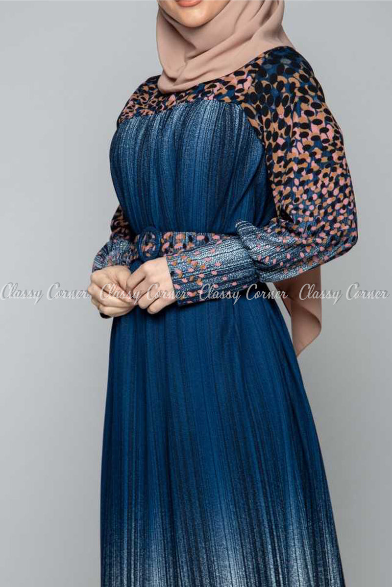 Multicolour Abstract Print Blue Modest Long Dress - full front view