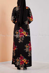 Multicolour Botanical Black Modest Long Dress - back view