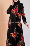 Multicolour Botanical Black Modest Long Dress - front closer view