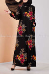 Multicolour Botanical Black Modest Long Dress - front view