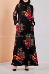 Multicolour Botanical Black Modest Long Dress - full front view