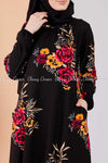 Multicolour Botanical Black Modest Long Dress - print details