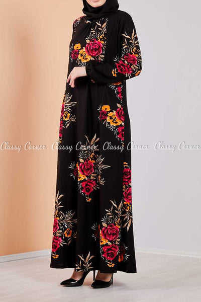 Multicolour Botanical Black Modest Long Dress - right side view