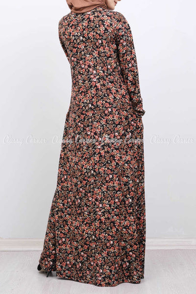 Multicolour  Fine Floral Print Brown Modest Long Dress - back view