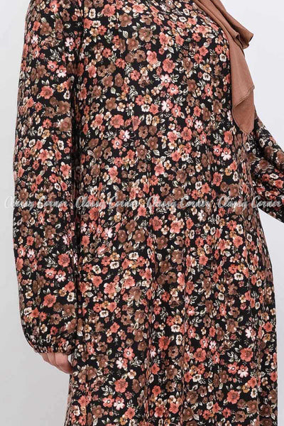 Multicolour  Fine Floral Print Brown Modest Long Dress - detailed view