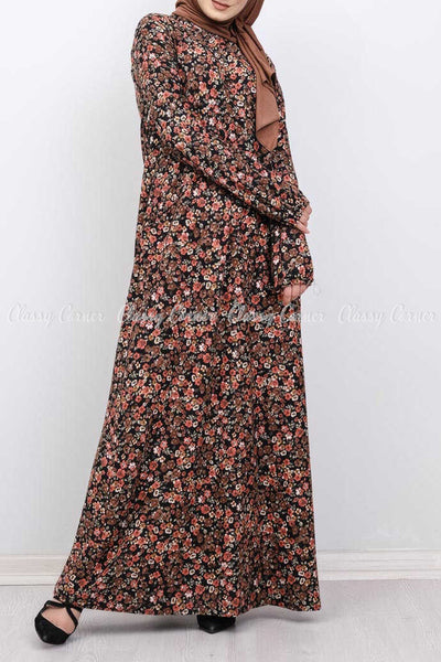 Multicolour  Fine Floral Print Brown Modest Long Dress - front view