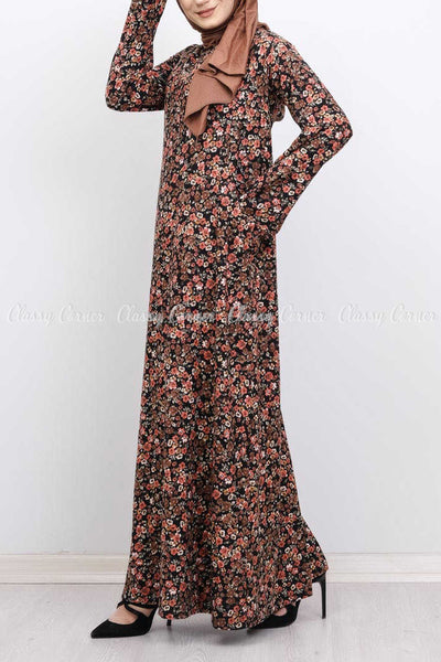 Multicolour  Fine Floral Print Brown Modest Long Dress - side view