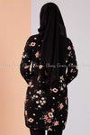Multicolour Floral Print Black Modest Tunic Dress - back view