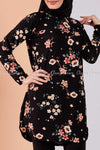 Multicolour Floral Print Black Modest Tunic Dress - closer view