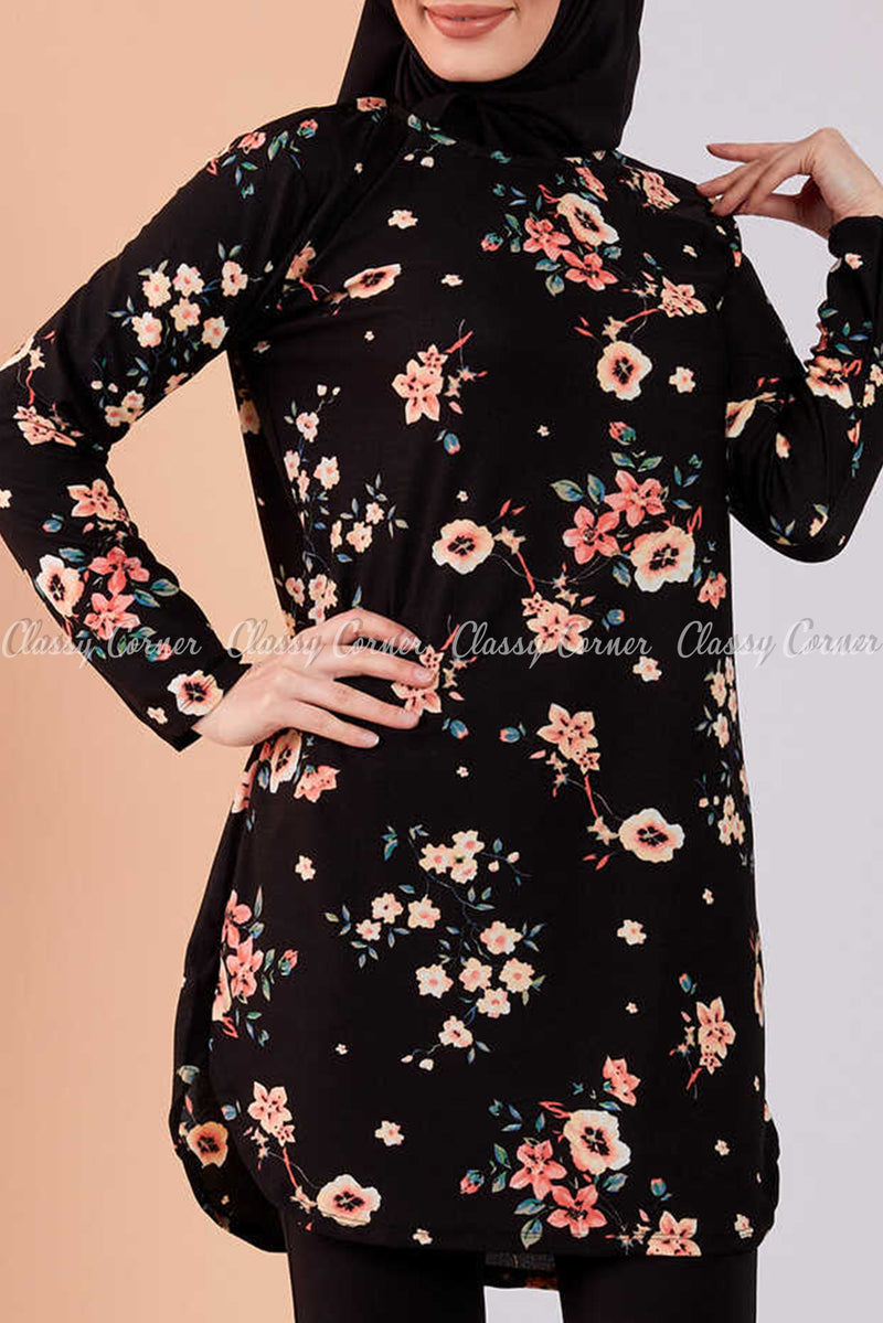 Multicolour Floral Print Black Modest Tunic Dress - full front view