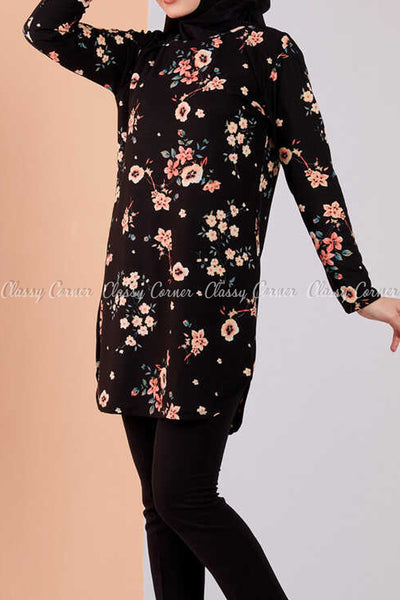 Multicolour Floral Print Black Modest Tunic Dress - side view
