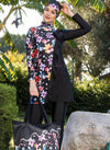 Multicolour Floral Print Symmetrical Ruffled Design Black Full Bodysuit Swimsuit