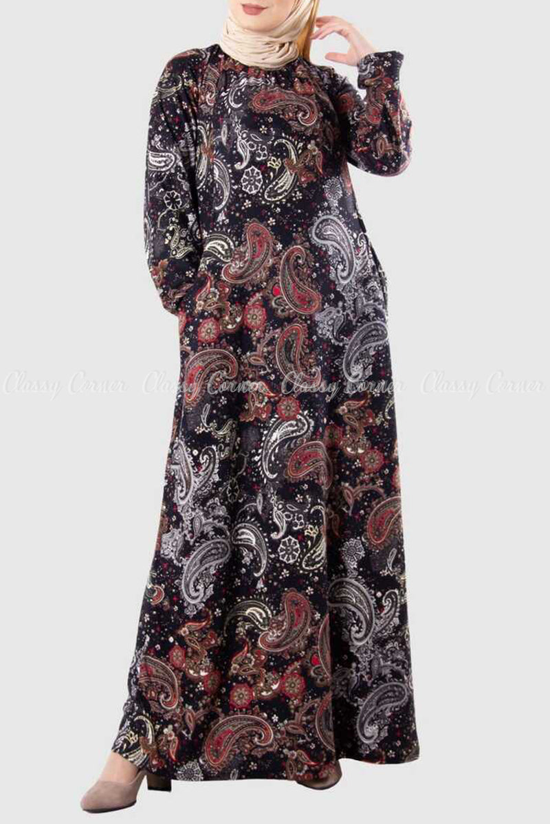 Multicolour Floral Mandala Print Black Modest Long Dress