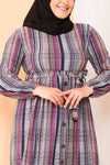 Multicolour Plaid Print Modest Long Dress - front closer view