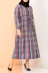 Multicolour Plaid Print Modest Long Dress - front view