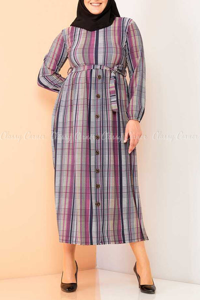 Multicolour Plaid Print Modest Long Dress - full front view