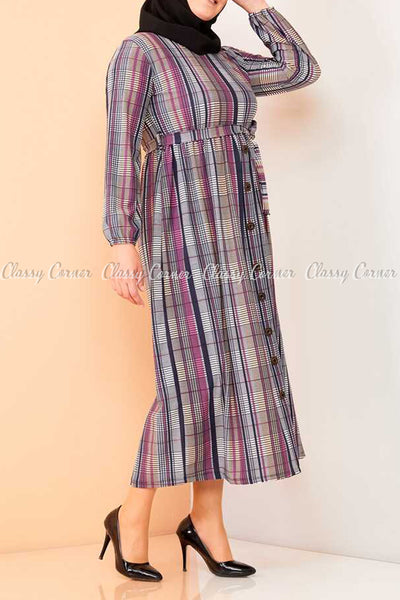 Multicolour Plaid Print Modest Long Dress - side view
