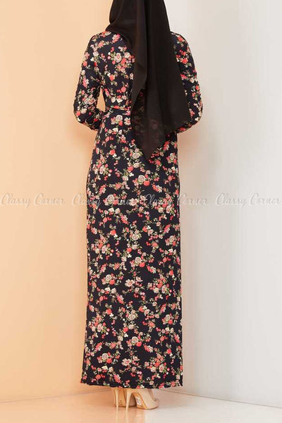Multicolour Rose Print Black Modest Long Dress - back view