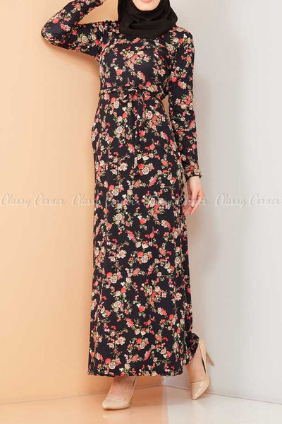 Multicolour Rose Print Black Modest Long Dress  -front