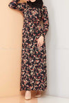 Multicolour Rose Print Black Modest Long Dress