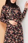 Multicolour Rose Print Black Modest Long Dress - closer view