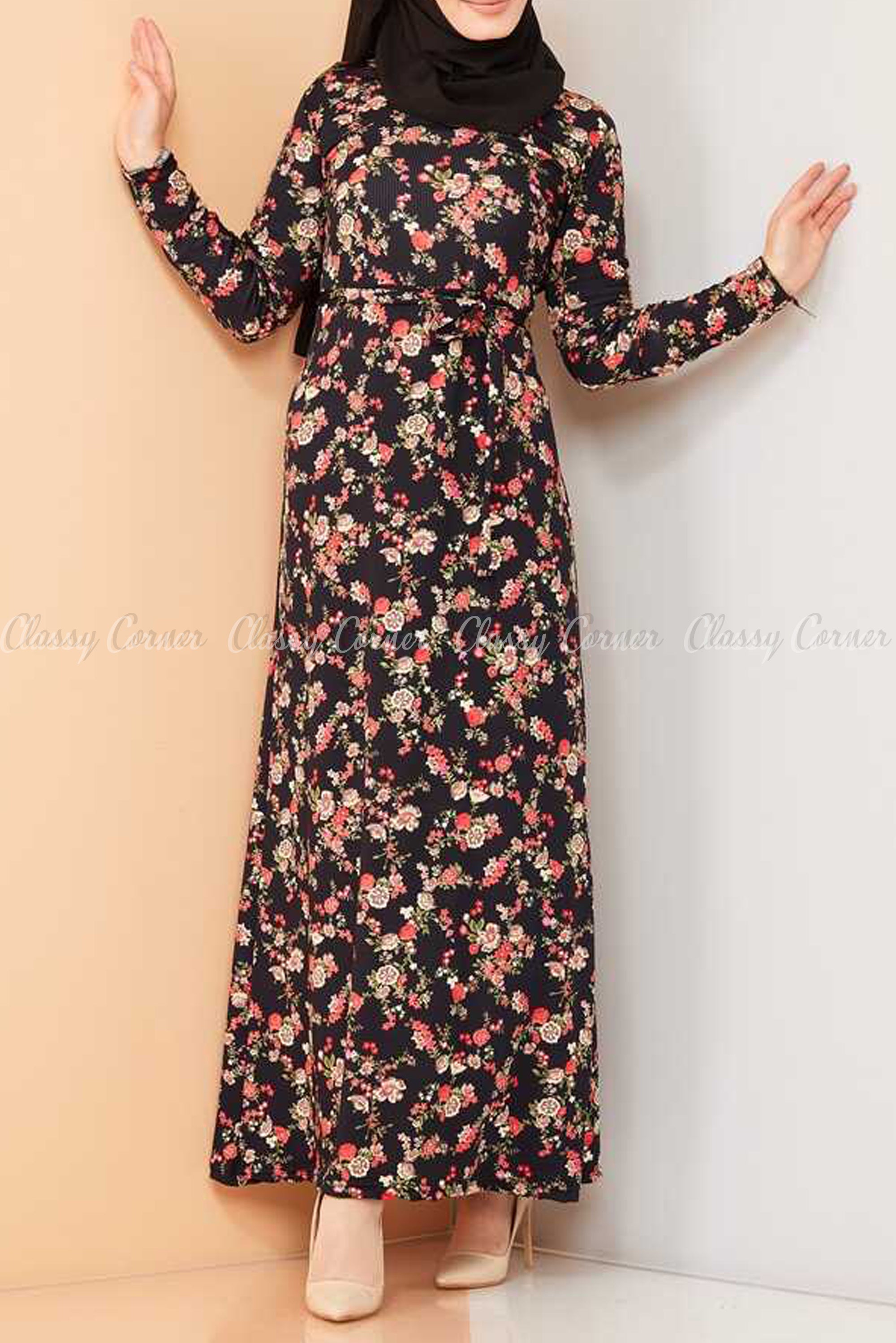 Multicolour Rose Print Black Modest Long Dress - front view