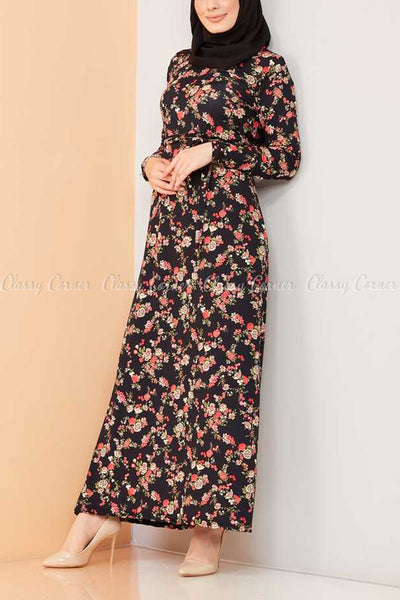 Multicolour Rose Print Black Modest Long Dress - side view