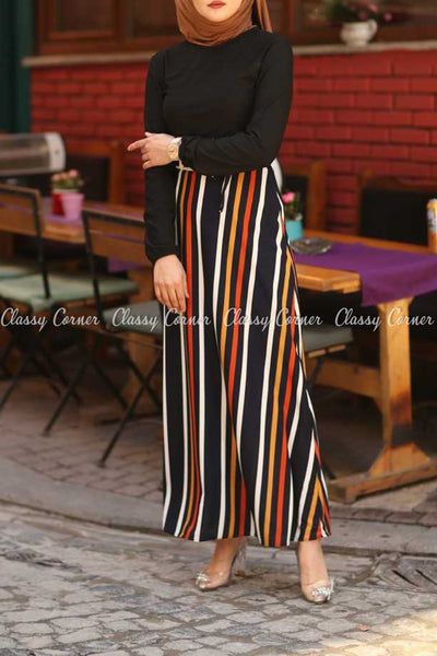 Multicolour Stripe  Black Modest Long DressMulticolour Stripe  Black Modest Long Dress - front view