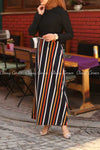 Multicolour Stripe  Black Modest Long DressMulticolour Stripe  Black Modest Long Dress - full side view