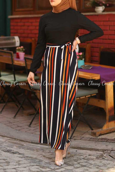 Multicolour Stripe  Black Modest Long Dress - right side view