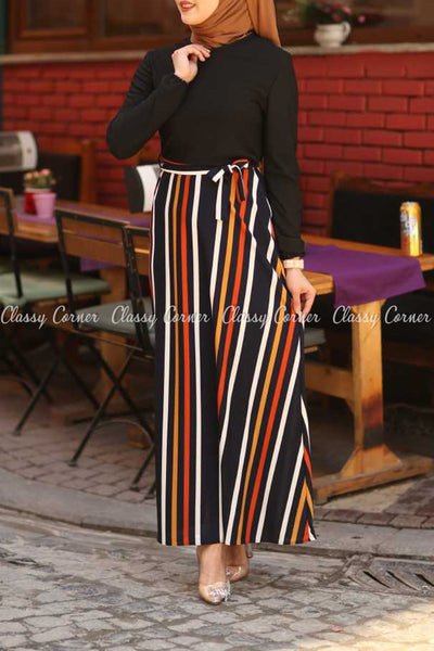 Multicolour Stripe  Black Modest Long Dress - side view