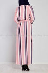 Multicolour Stripe Prints Pink Modest Long  Dress - back view