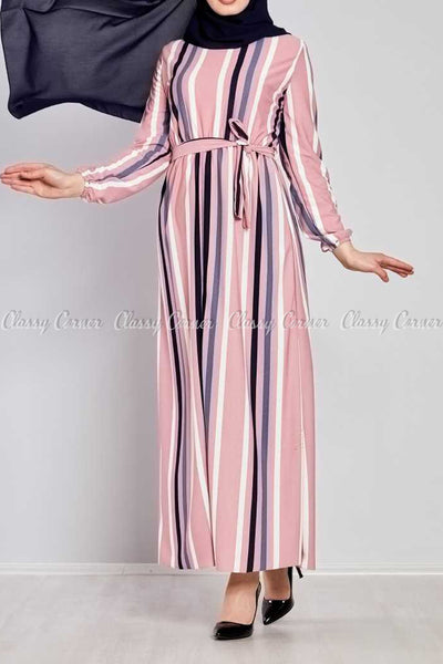 Multicolour Stripe Prints Pink Modest Long  Dress - front view