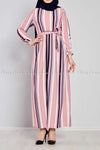 Multicolour Stripe Prints Pink Modest Long  Dress - full front view