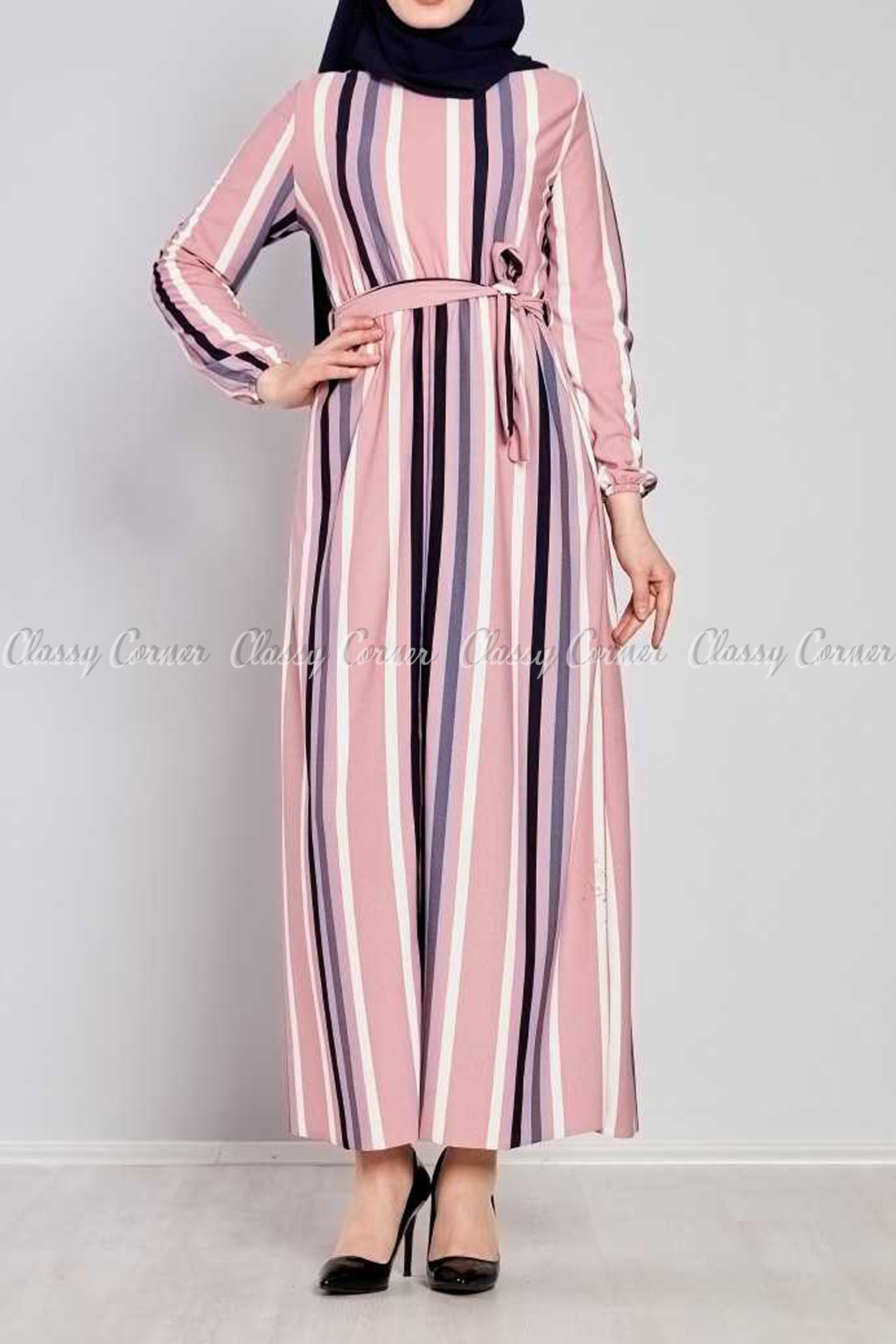Multicolour Stripe Prints Pink Modest Long  Dress