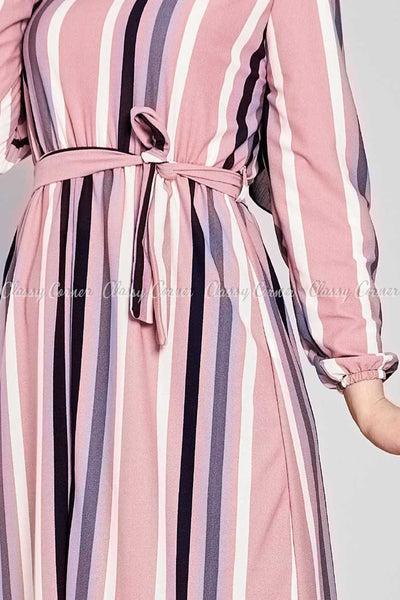 Multicolour Stripe Prints Pink Modest Long  Dress - prints details