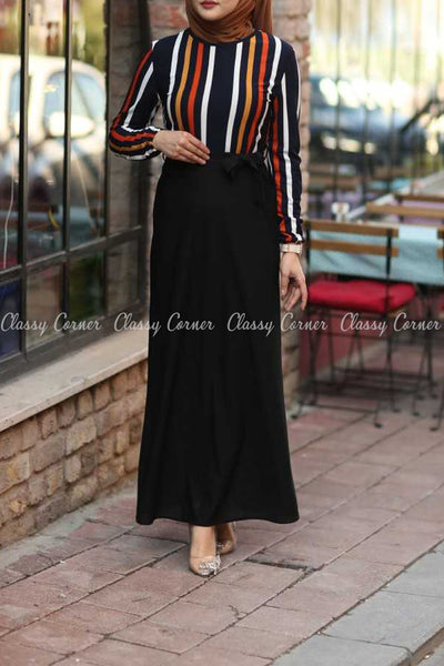 Multicolour Stripe Top Black Skirt Modest Long Dress - front details