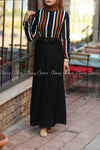 Multicolour Stripe Top Black Skirt Modest Long Dress - front view