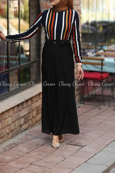Multicolour Stripe Top Black Skirt Modest Long Dress - full details