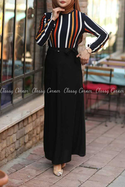 Multicolour Stripe Top Black Skirt Modest Long Dress - full front view