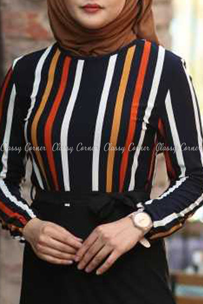 Multicolour Stripe Top Black Skirt Modest Long Dress - top details