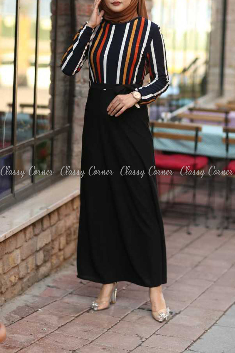 Multicolour Stripe Top Black Skirt Modest Long Dress - full front view