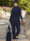 Navy Blue Dotted Crystal Design Chest Covered Full Bodysuit Swimsuit